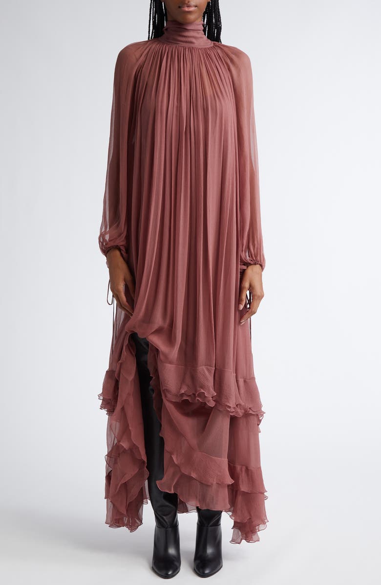 Chloé Long Sleeve Tiered Ruffle Silk Mousseline Maxi Dress, Main, color, 