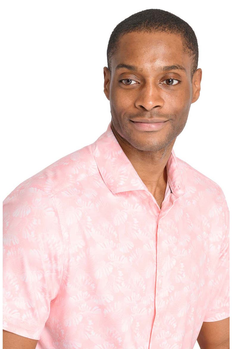 Trim Fit Floral Print Short Sleeve Button-Up Shirt, Alternate, color, CORAL