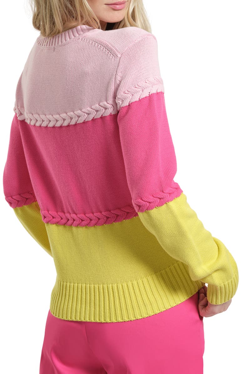 Isaac Mizrahi New York Braid Accent Colorblock Cotton Crewneck Sweater, Alternate, color, Fuchsia/ Multi