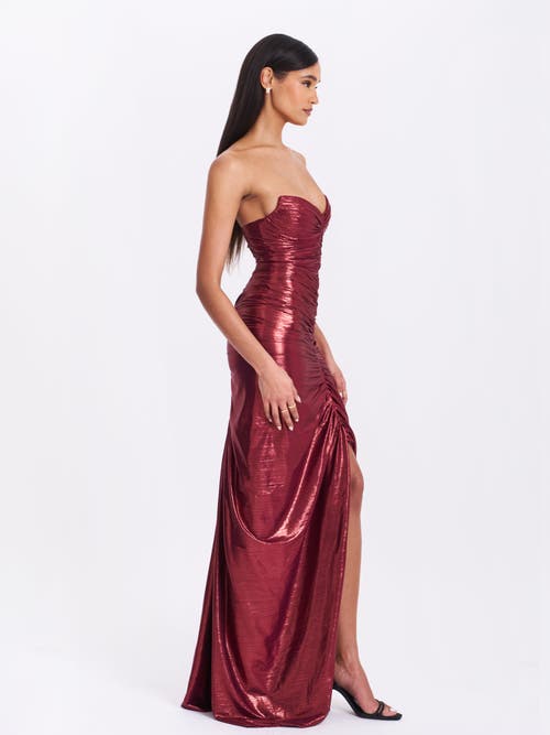Miss Circle Sabble Long Mermaid Ruched Glitter Evening Gown In Burgundy