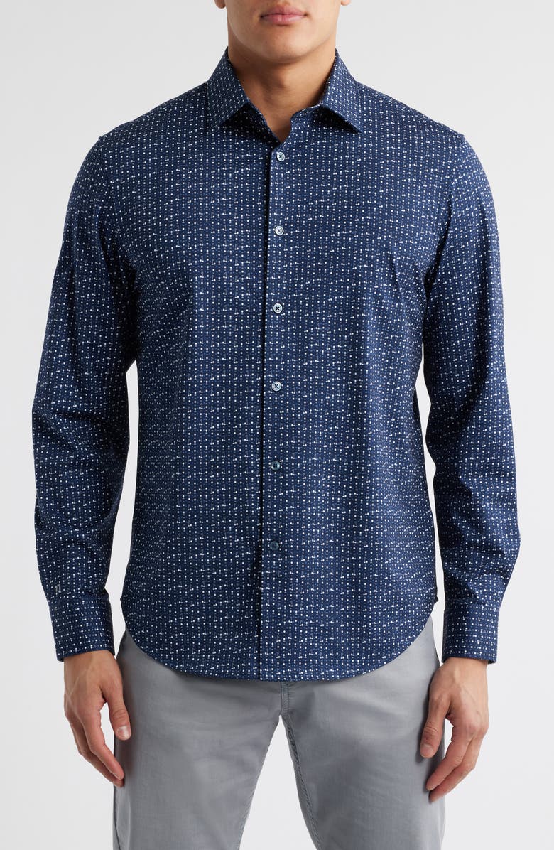 Bugatchi James OoohCotton<sup>®</sup> Golf Print Button-Up Shirt, Main, color, Navy