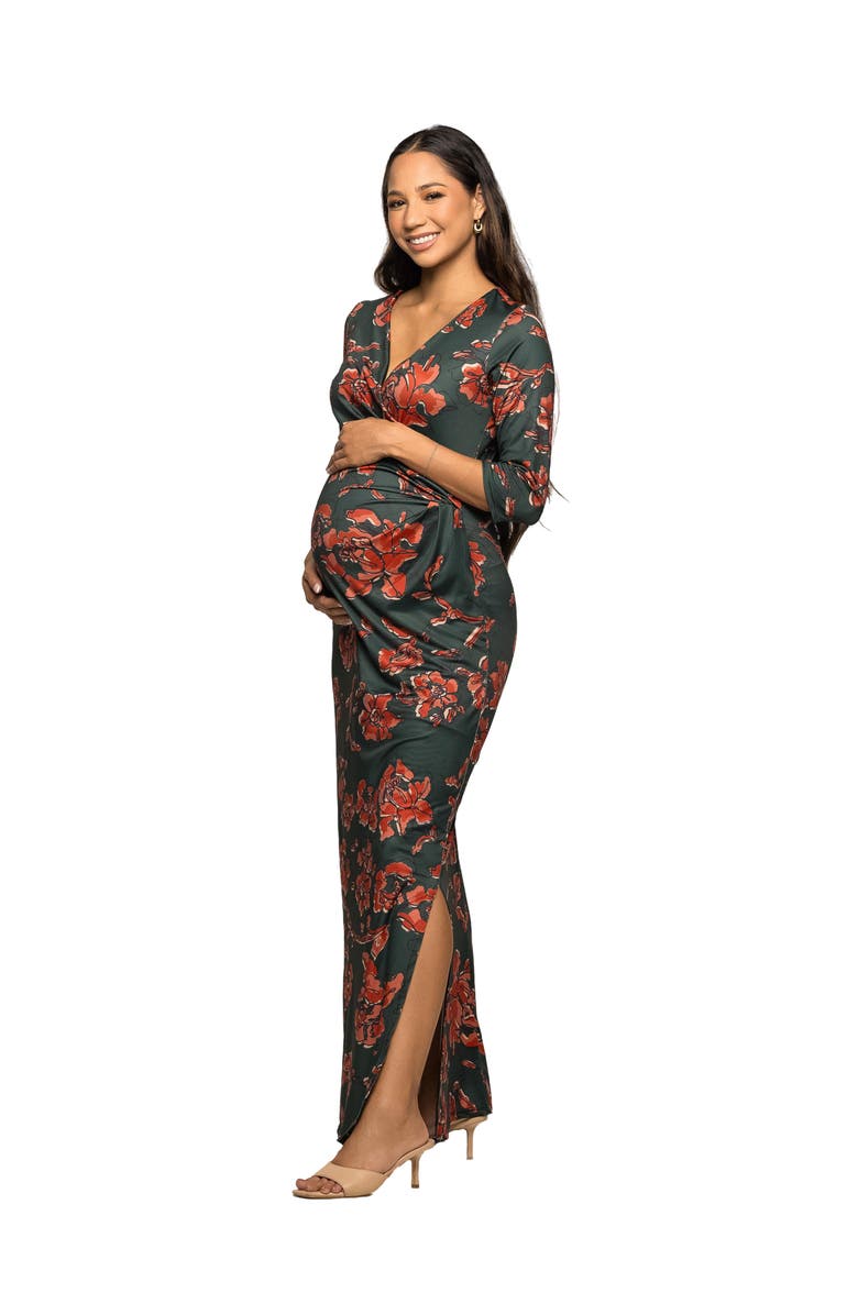 24seven Comfort Apparel Floral Print Three Quarter Sleeve Side Slit Maxi Dress, Alternate, color, Green Multi