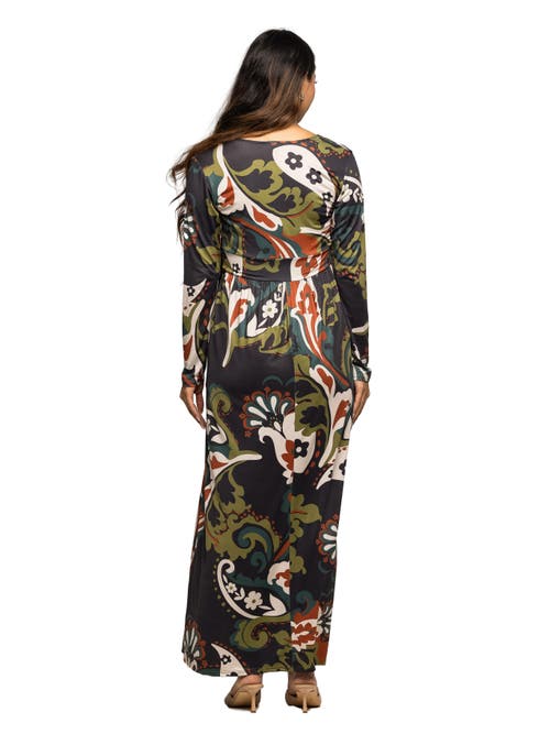 24seven Comfort Apparel Paisley Print Long Sleeve Wrap Maxi Dress In Black