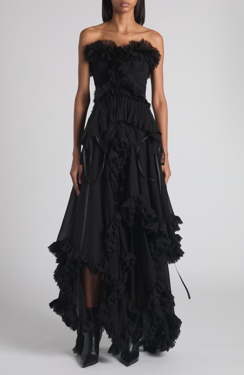 McQueen Tiered Ruffle Strapless Silk Georgette Gown, Main, color, Black