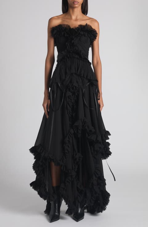 Tiered Ruffle Strapless Silk Georgette Gown