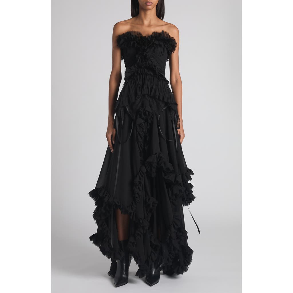 Alexander Mcqueen Mcqueen Tiered Ruffle Strapless Silk Georgette Gown In Black