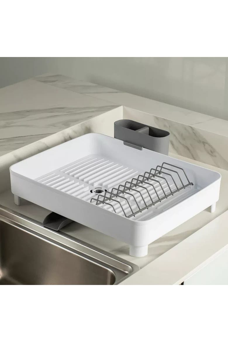 Space Saving Dish Drying Rack with Drainage Spout and 19 oz Liquid Soap Dispenser with Extended Sponge Holder Kitchen Sink Organizer Set, Alternate, color, White