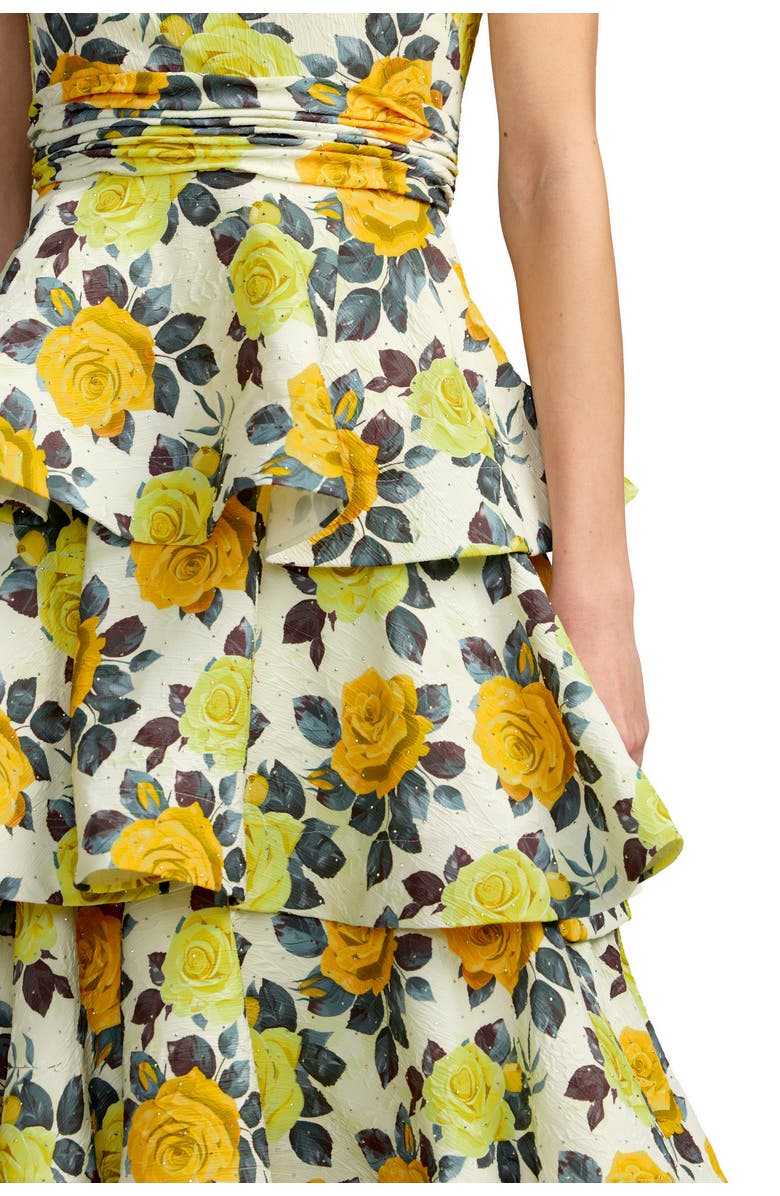 Mac Duggal Floral One Shoulder Charmeuse Tiered Midi Dress, Alternate, color, Yellow Rose