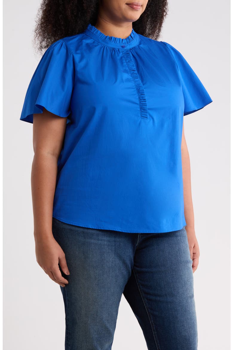 Ruffle Trim Cotton Poplin Shirt, Alternate, color, COBALT