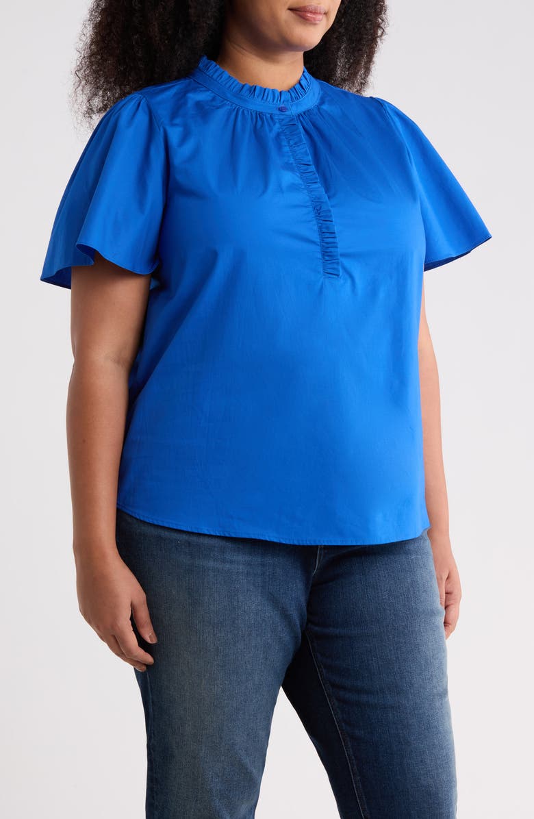 SUGARLIPS Ruffle Trim Cotton Poplin Shirt, Alternate, color, Cobalt