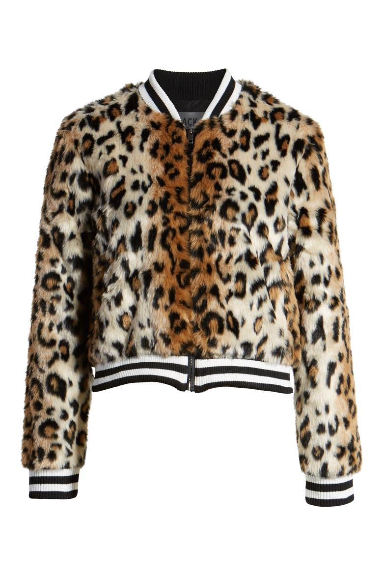 Leopard Faux Fur Bomber Jacket, Alternate, color, BLACK