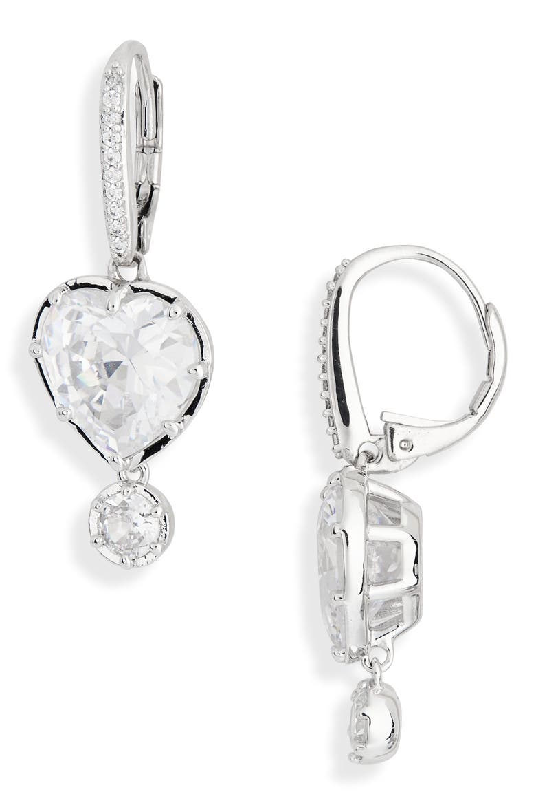 Blythe Heart Cubic Zirconia Drop Earrings, Main, color, RHODIUM
