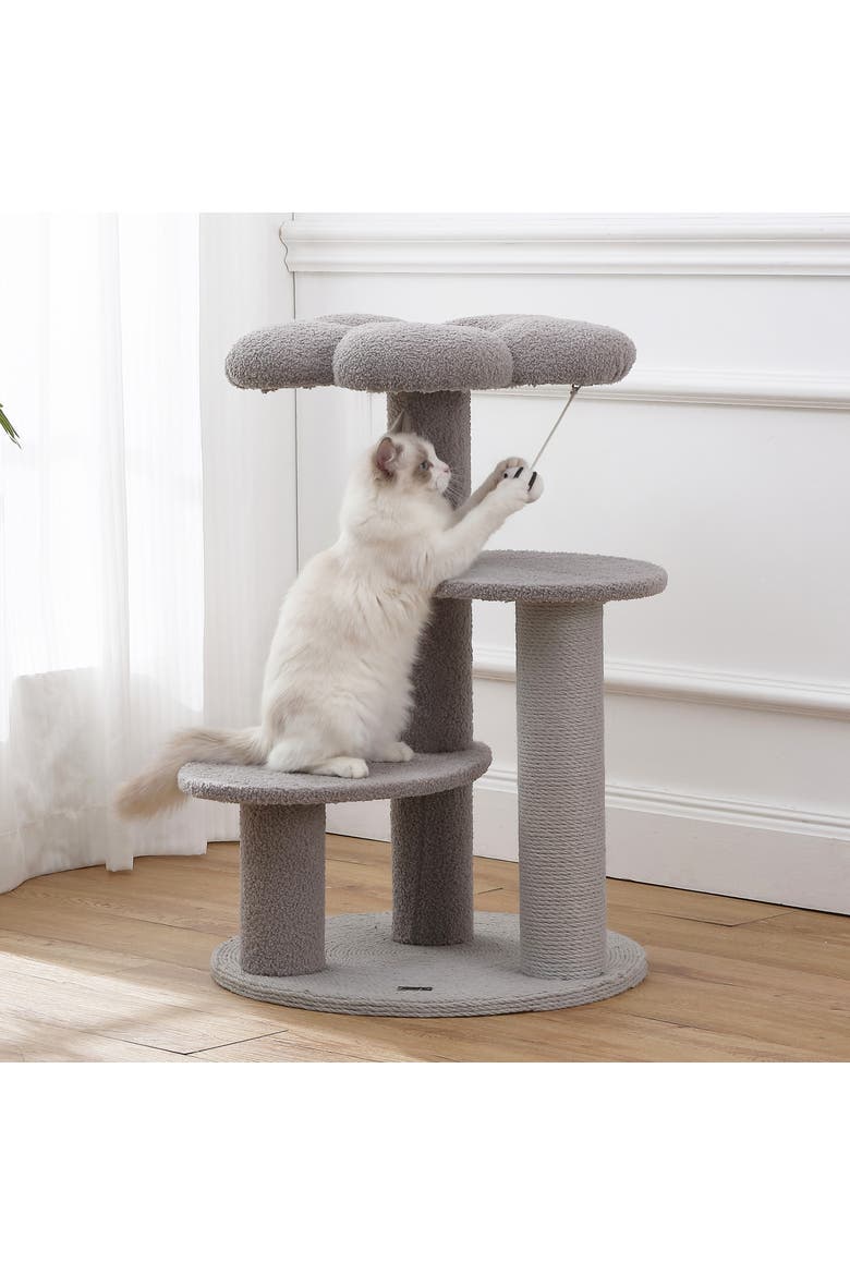 Poppy 3-Tier Modern Jute Flower Cat Tree with Dangling Toy, Alternate, color, Grey/White