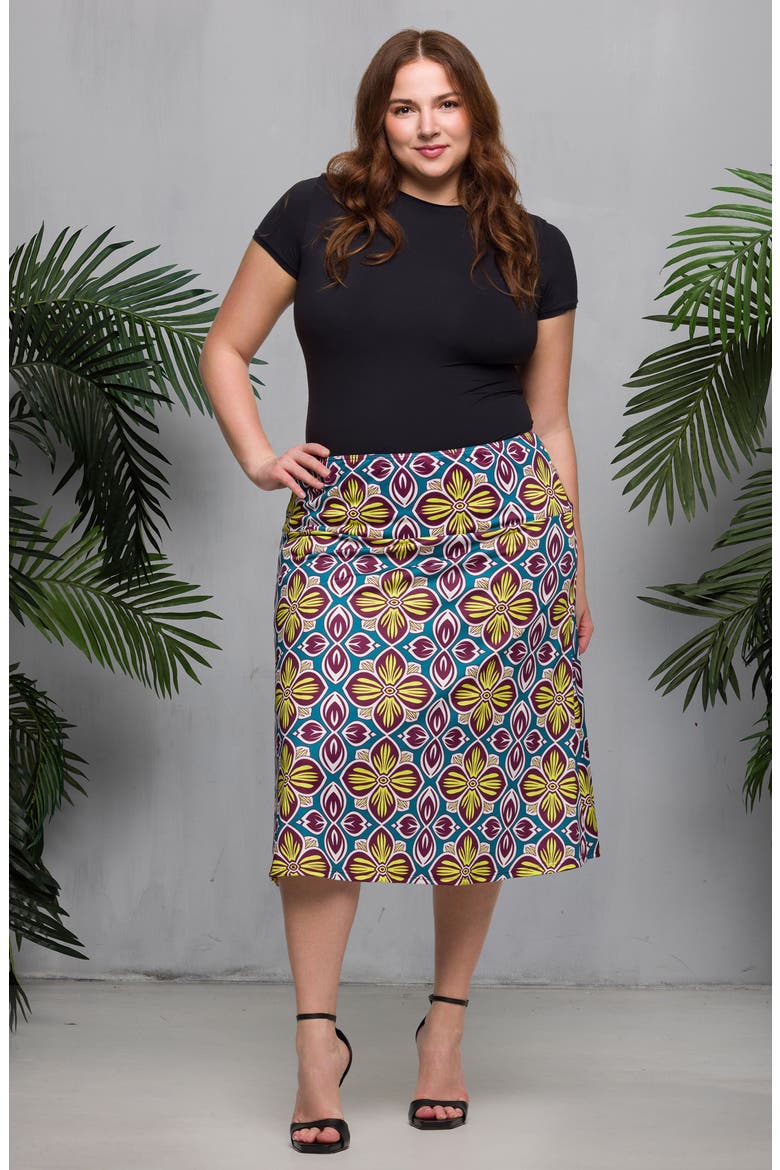 Geo Print Elastic Waist Midi Skirt, Alternate, color, YELLOW MULTI