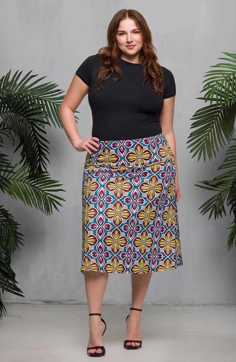 24seven Comfort Apparel Geo Print Elastic Waist Midi Skirt, Alternate, color, Yellow Multi