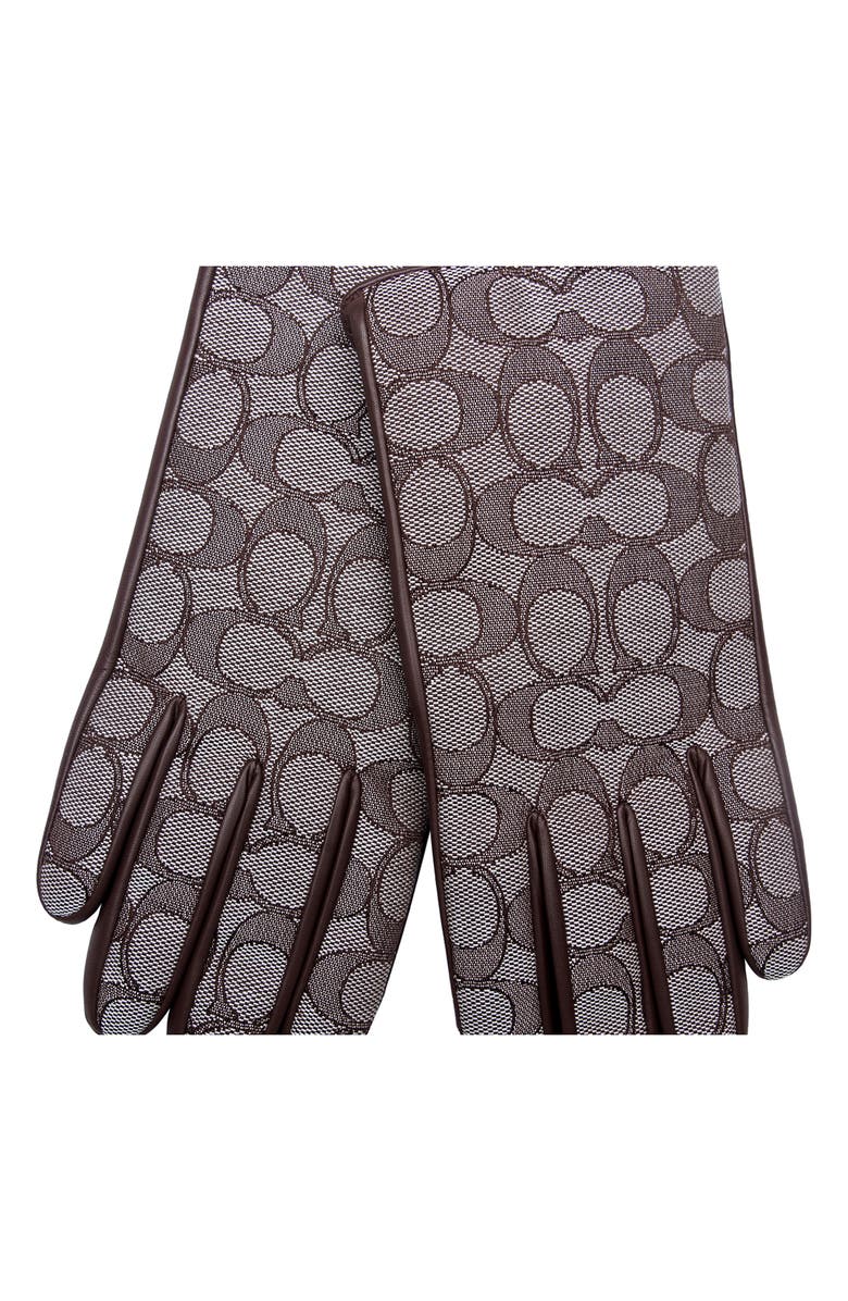 COACH Signature Jacquard Wool Lined Leather Tech Gloves, Alternate, color, Oak