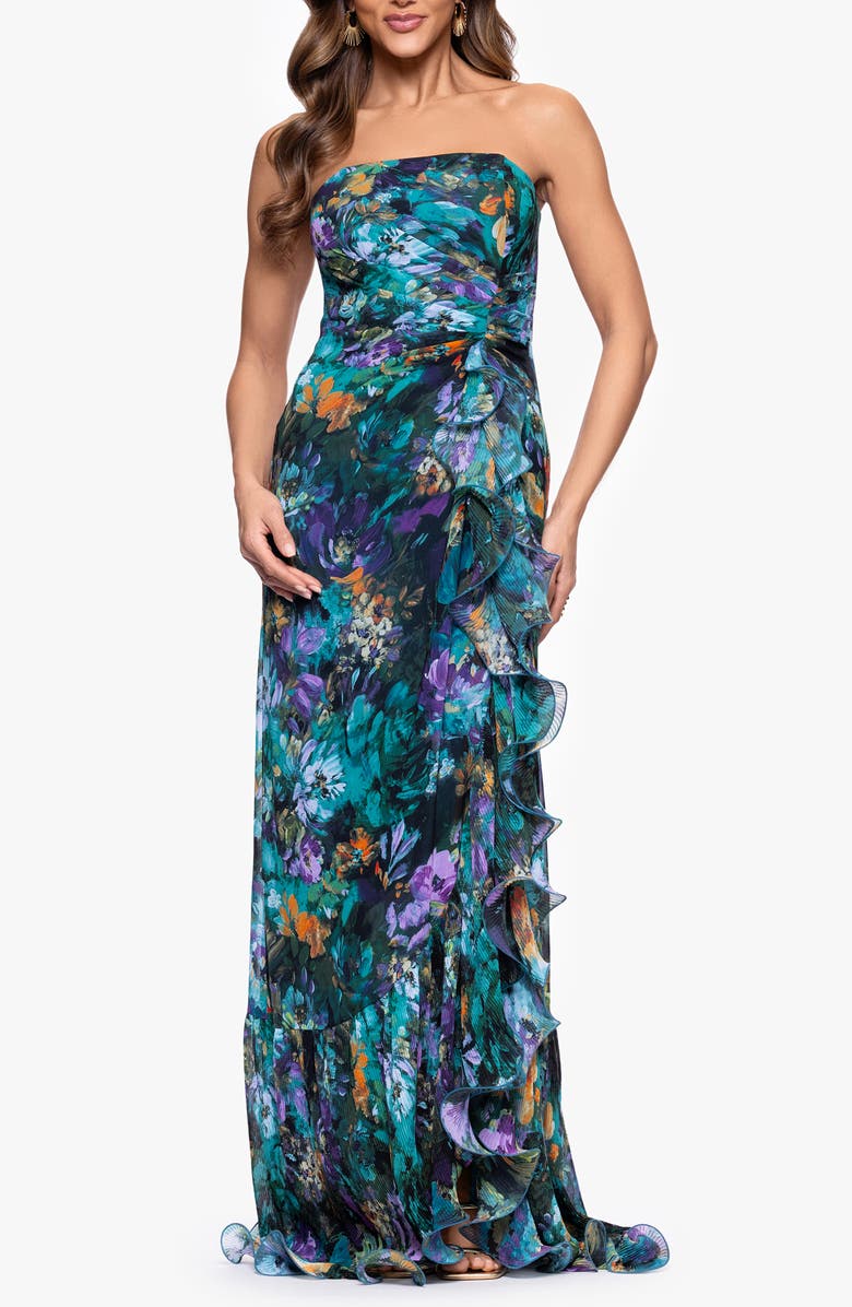 Xscape Evenings Pleated Ruffle Strapless Mermaid Gown, Main, color, Teal/ Multi