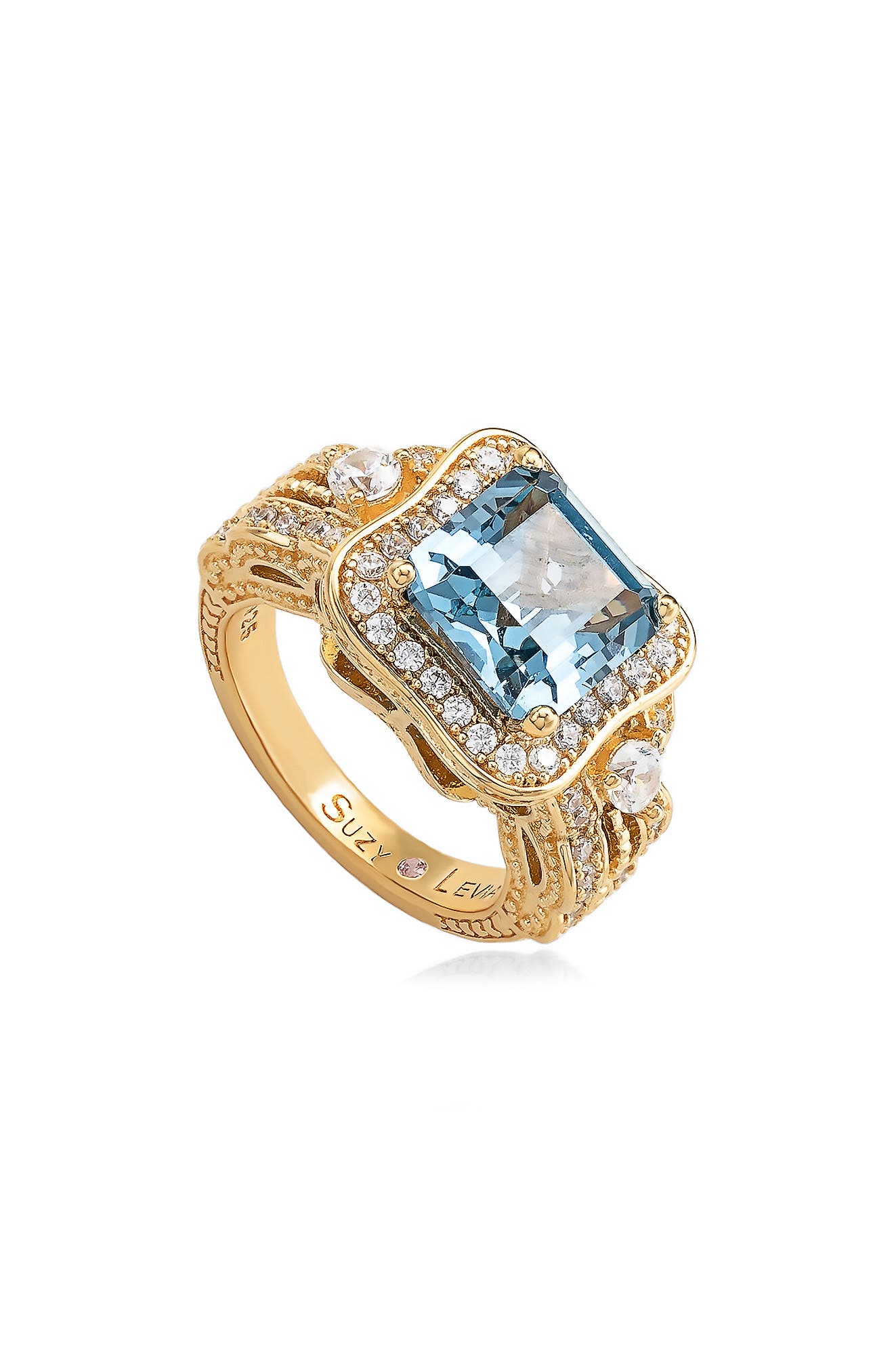Ascher Cut Aqua Cubic Zirconia Halo Ring