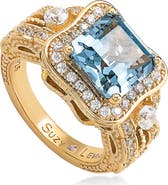 SUZY LEVIAN Ascher Cut Aqua Cubic Zirconia Halo Ring