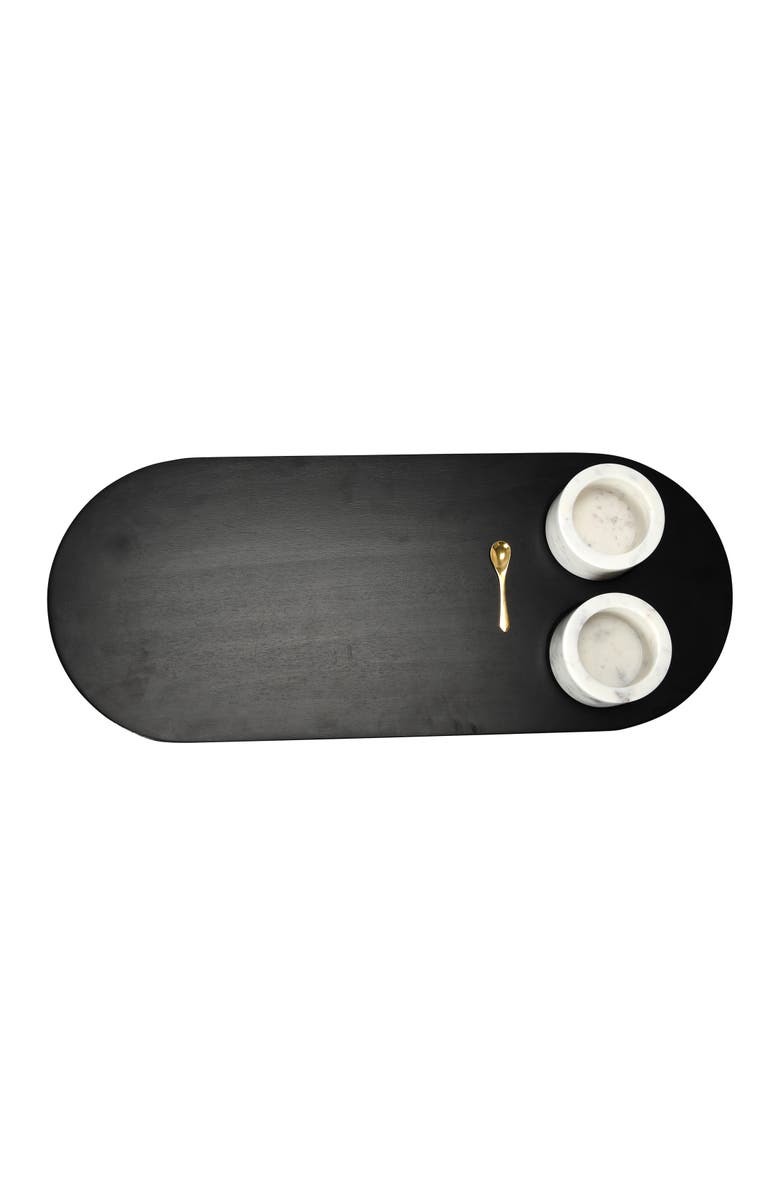 Storied Home Elegant Mango Wood Tray with 2-Piece Marble Bowls and a Gold Finish Stainless Steel Spoon, Main, color, Black