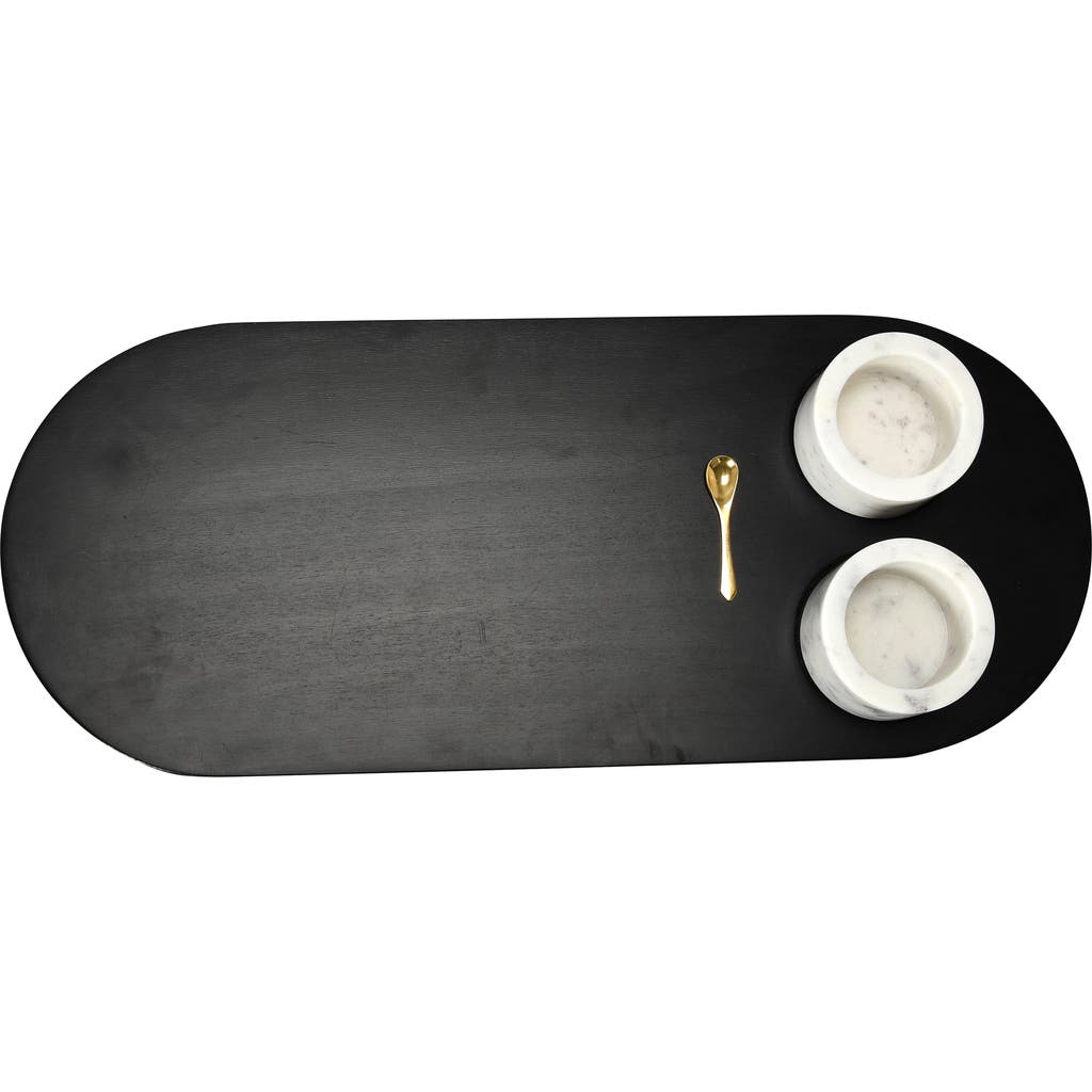 Storied Home Elegant Mango Wood Tray With 2-piece Marble Bowls And A Gold Finish Stainless Steel Spo In Black