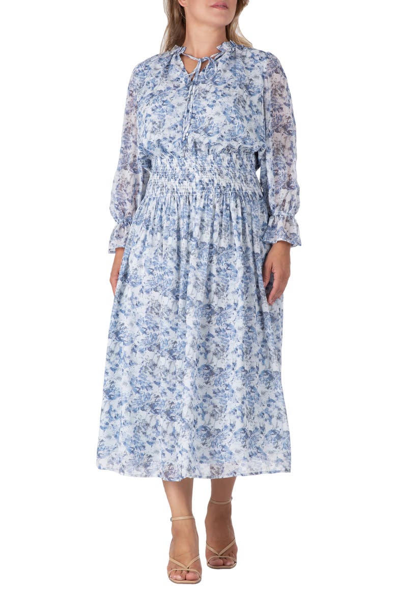 Floral Long Sleeve Midi Dress, Main, color, BLUE WHITE PRINT