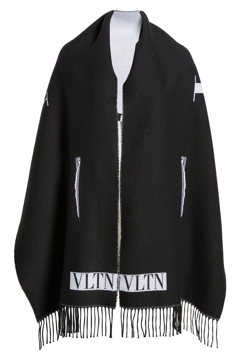 Valentino Jacquard Wool Cape Scarf, Alternate, color, NERO/ AVORIO