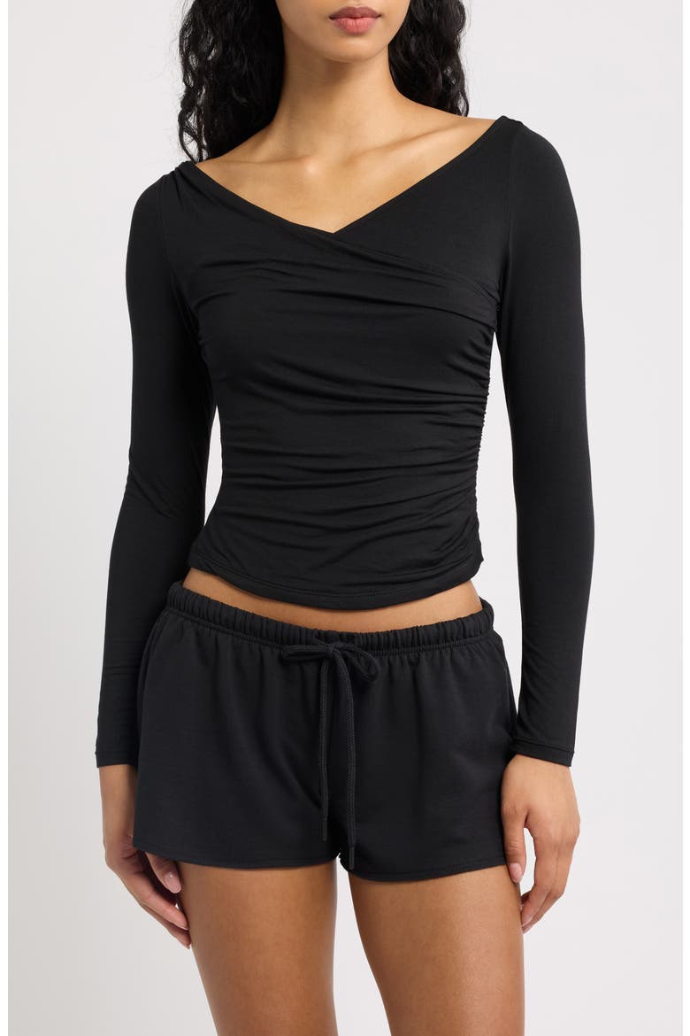 That's a Faux Wrap Ruched Crop Top, Main, color, BLACK