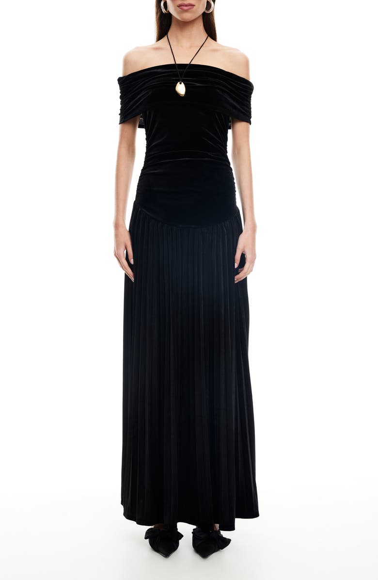 LIONESS Field of Dreams Off the Shoulder Velvet Maxi Dress, Main, color, Noir