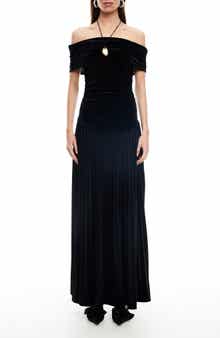 LIONESS Field of Dreams Off the Shoulder Velvet Maxi Dress