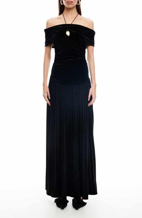 LIONESS Field of Dreams Off the Shoulder Velvet Maxi Dress