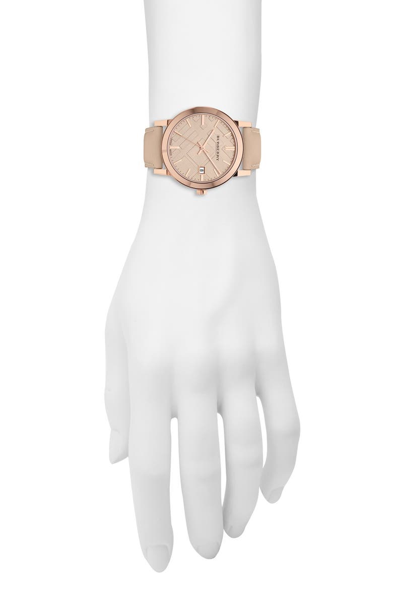 Check Stamped Round Dial Watch, 38mm, Alternate, color, NUDE