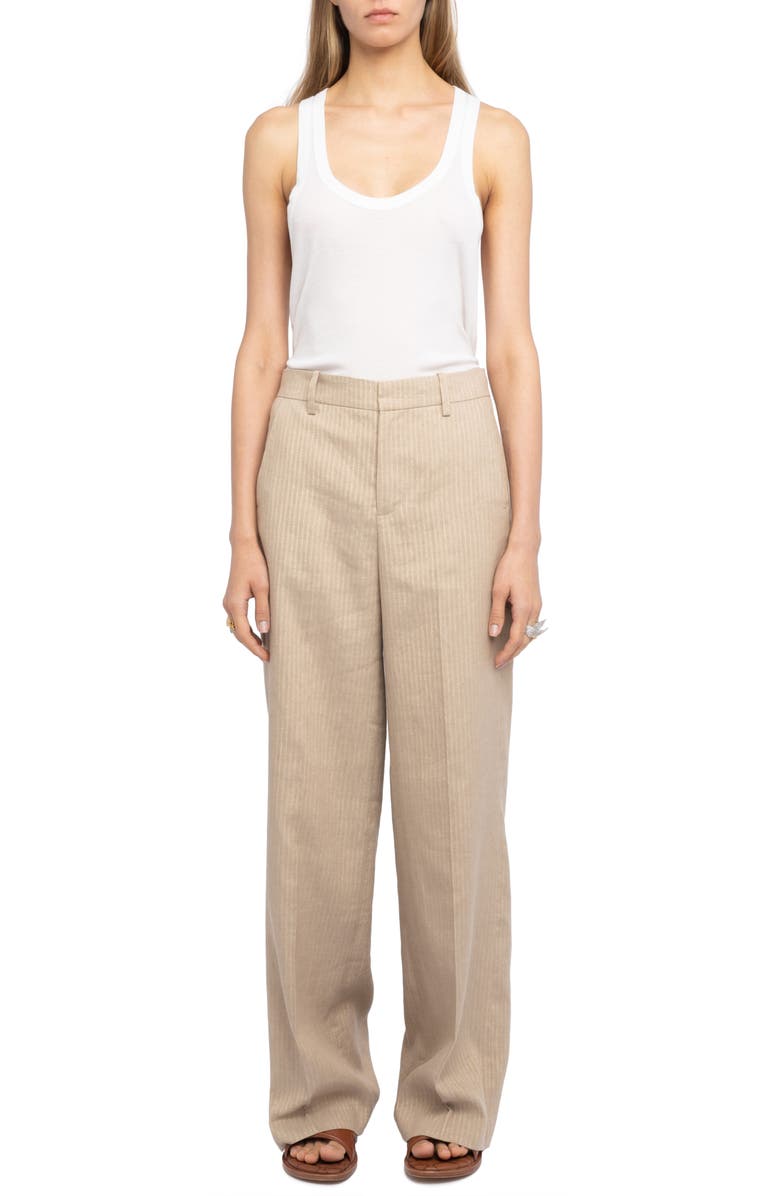 Zadig & Voltaire Pinstripe Linen Blend Wide Leg Pants, Alternate, color, Cookie