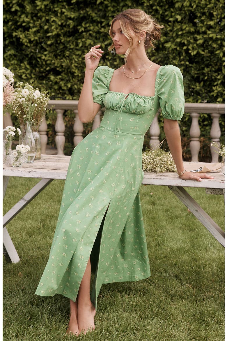 Tallulah Puff Sleeve Midi Dress, Alternate, color, OLIVE FLORAL