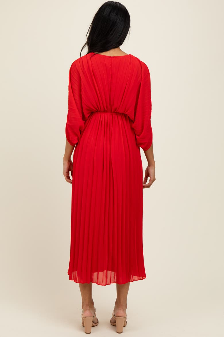 Pleated V Neck Maxi Dress, Alternate, color, Red