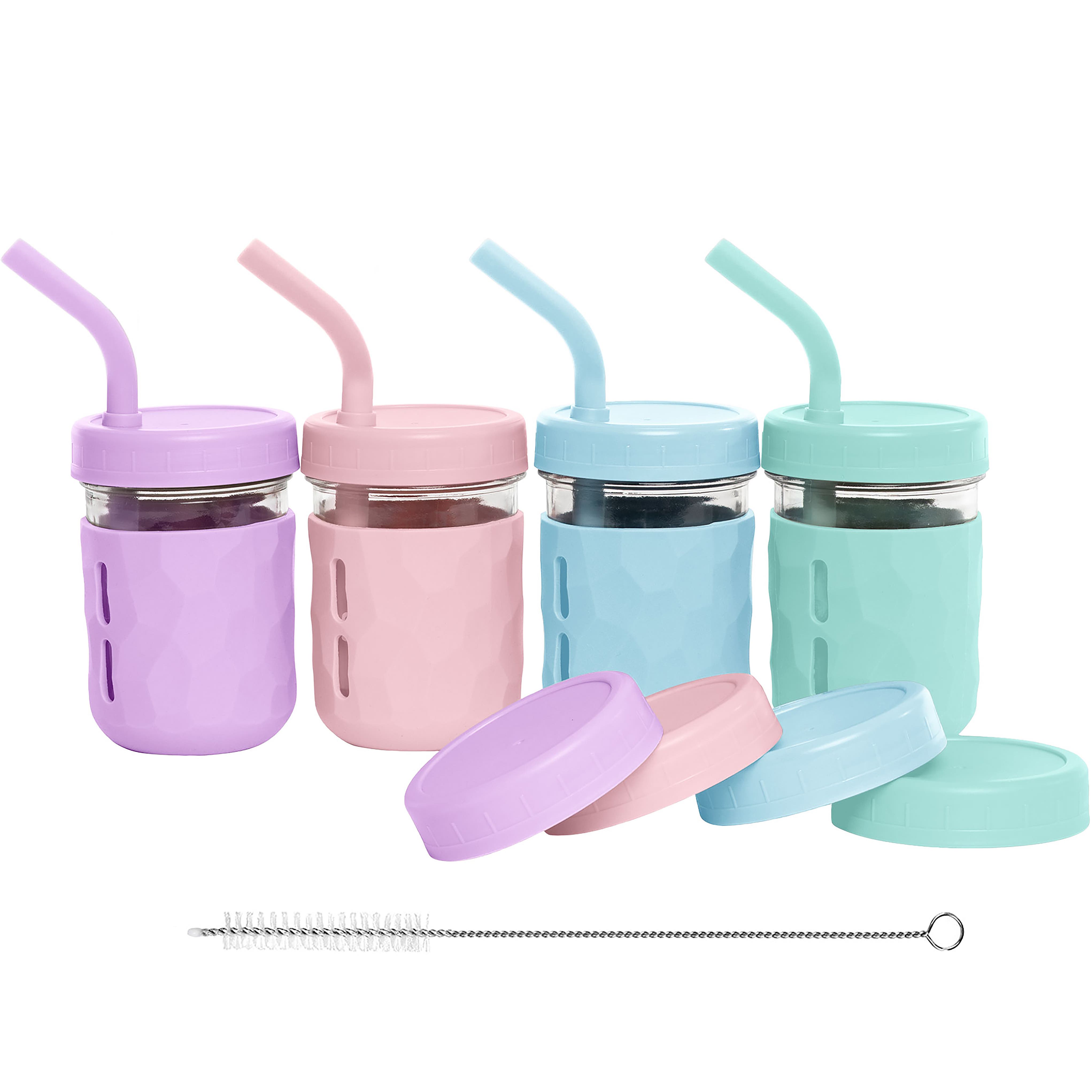 WeeSprout Glass Cups with Lids & Straws, Spill-resistant Cups for Toddlers & Kids - 8/12oz, Set of 4 in Blue/mint/purple/pink (8 Oz) 