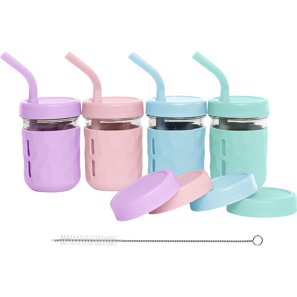 WeeSprout Glass Cups with Lids & Straws, Spill-resistant Cups for Toddlers & Kids - 8/12oz, Set of 4 in Blue/mint/purple/pink (8 Oz)  product