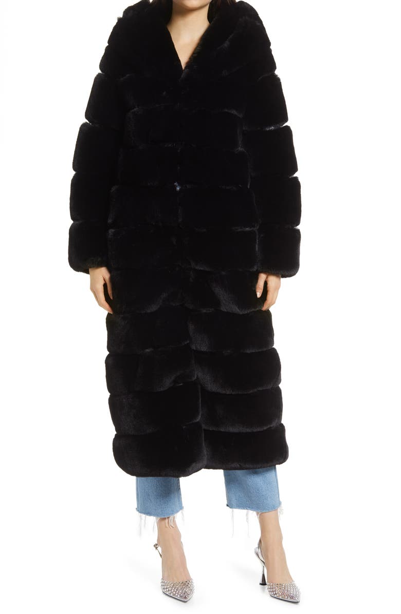 AZALEA WANG Faux Fur Midi Coat, Alternate, color, Black