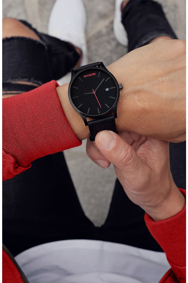 MVMT Classic Leather Strap Watch, 45mm, Alternate, color, BLACK