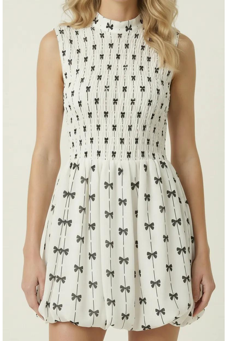 Sleeveless Smocked Mini Dress with High Neckline, Alternate, color, White / Black