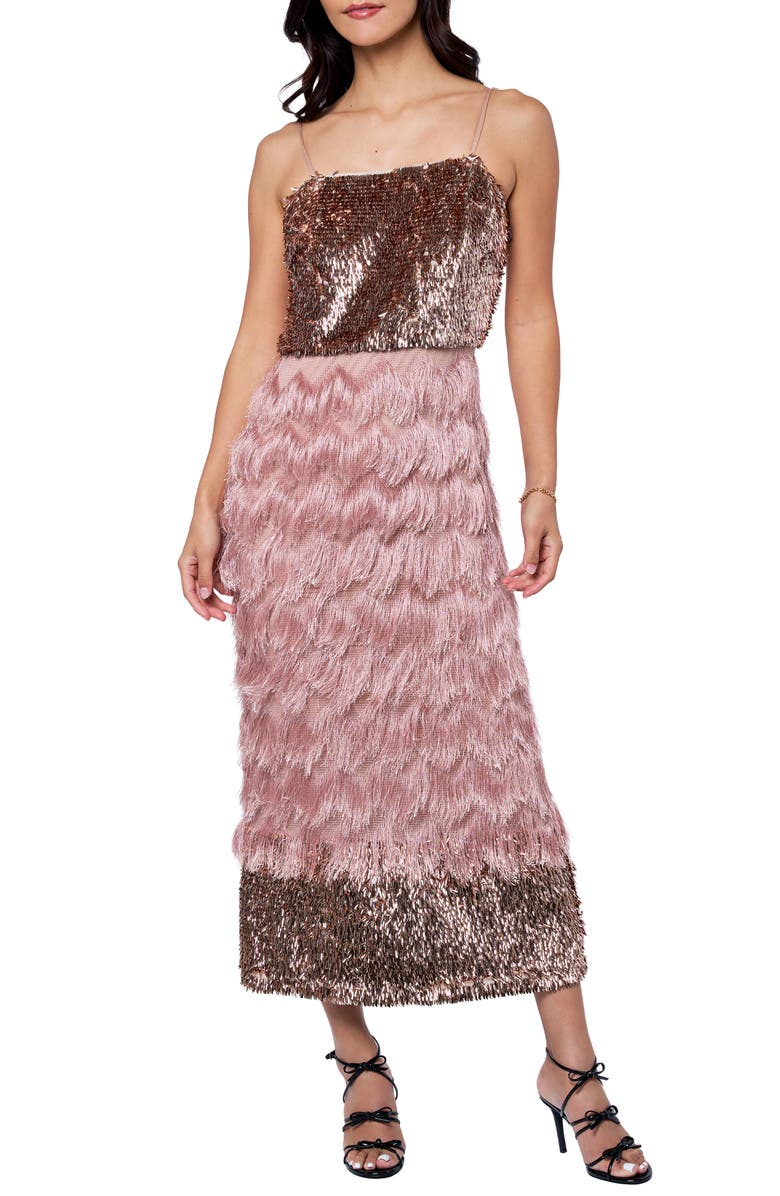 CIEBON Olivera Fringe & Sequin Dress, Main, color, Champagne