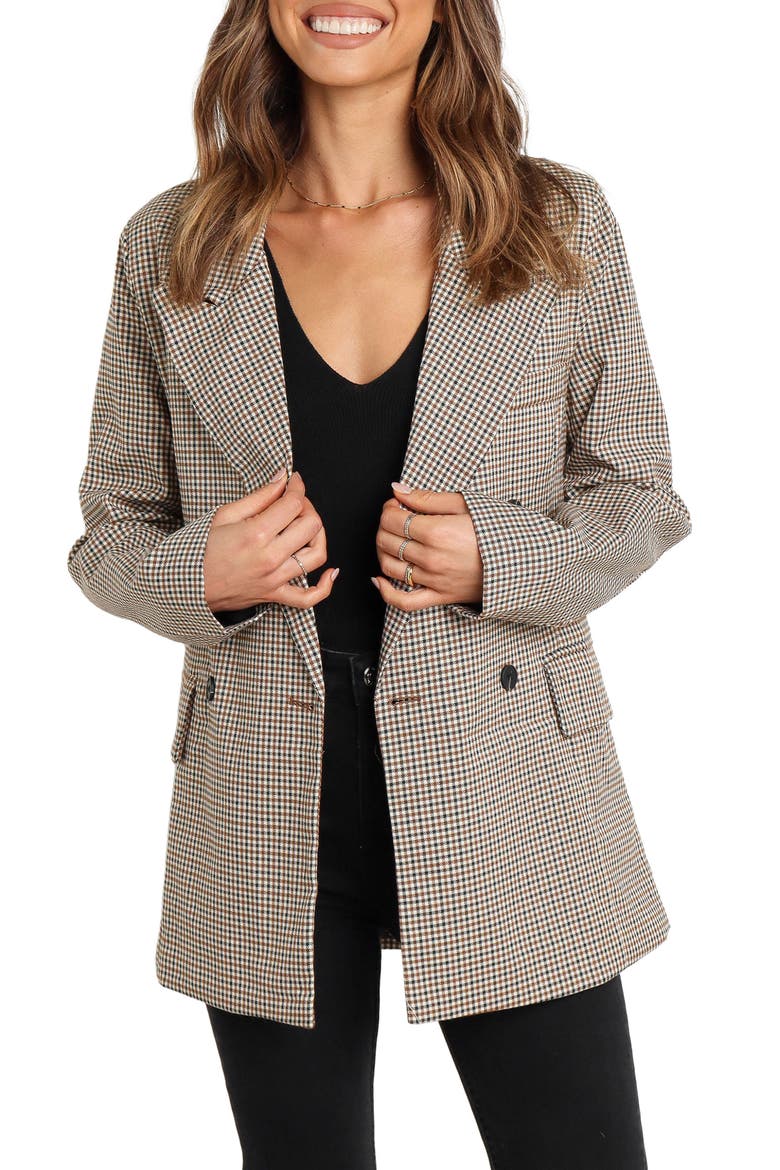 Juliette Check Double Breasted Blazer, Main, color, BROWN
