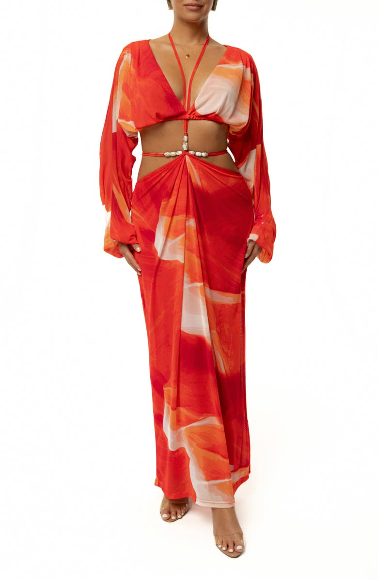 JLUXLABEL Hera Drape Cutout Long Sleeve Maxi Dress, Alternate, color, Red