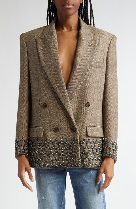 Crystal Cage Oversize Herringbone Wool Blend Blazer