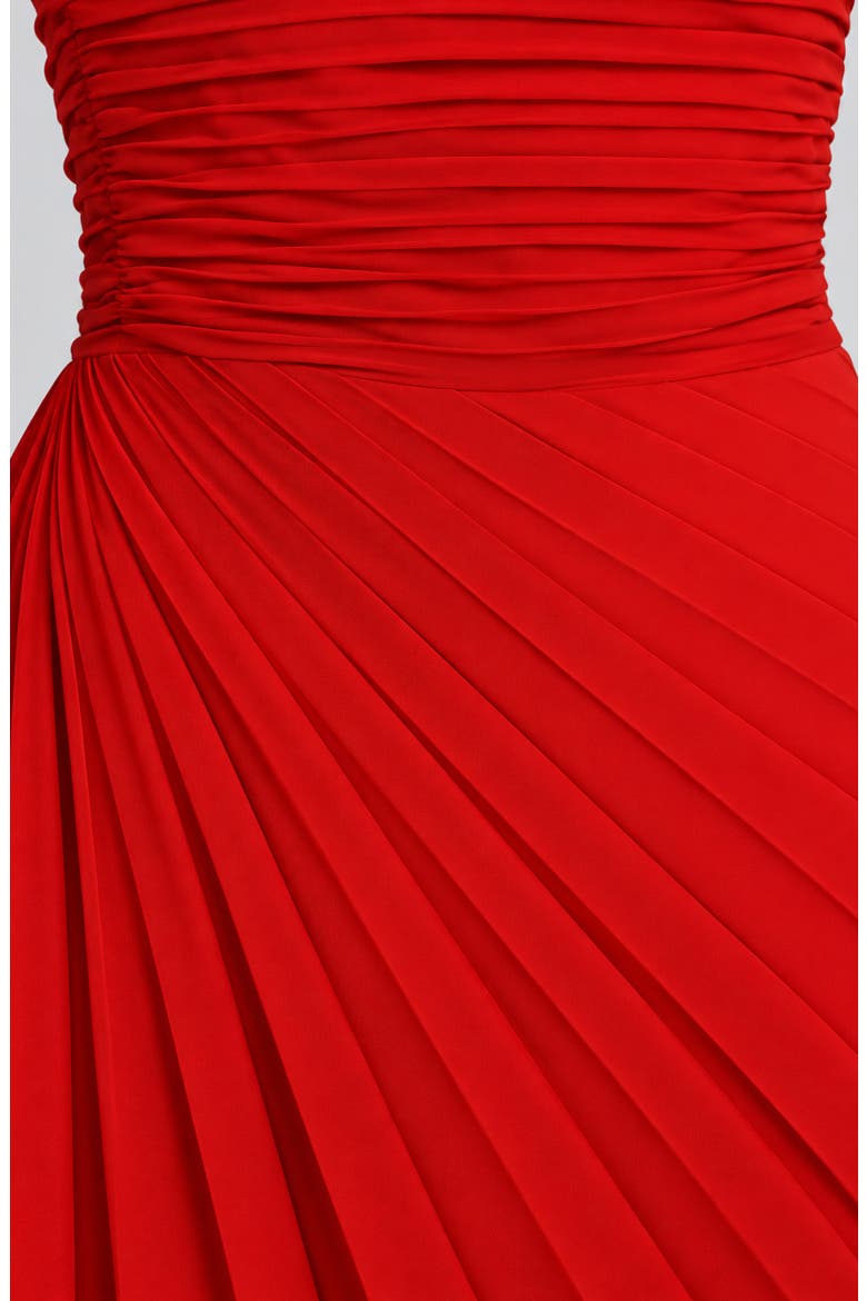 Pleated Satin Strapless Midi Dress, Alternate, color, TRUE RED
