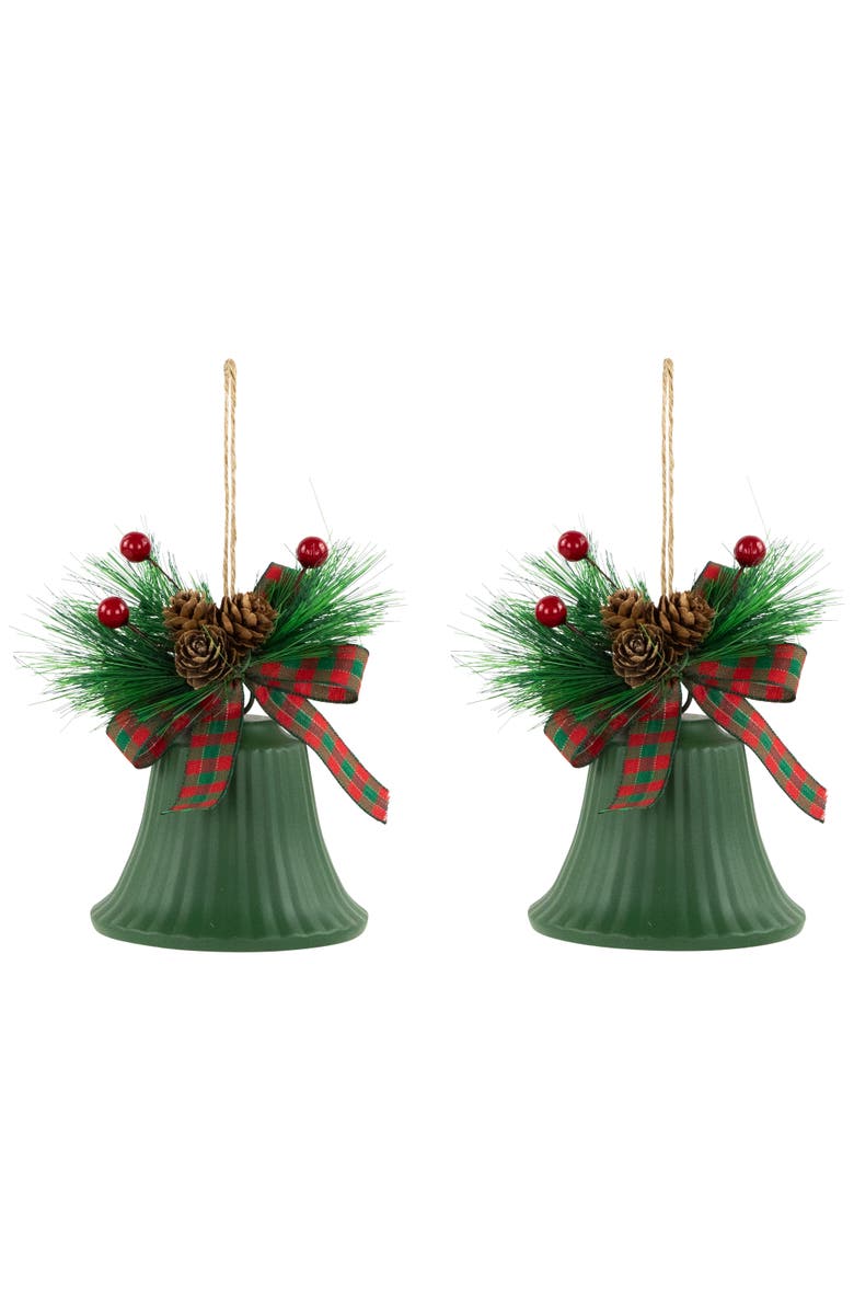 Northlight Christmas Bells with Pinecones and Plaid Bow Ornaments - 7" - Green - Set of 2, Alternate, color, Green
