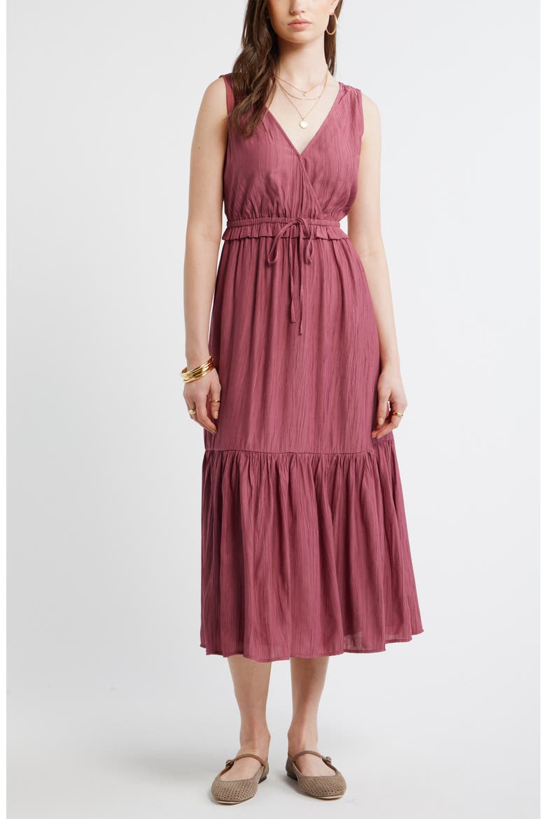 Faux Wrap Tiered Midi Dress, Main, color, BURGUNDY MAROON