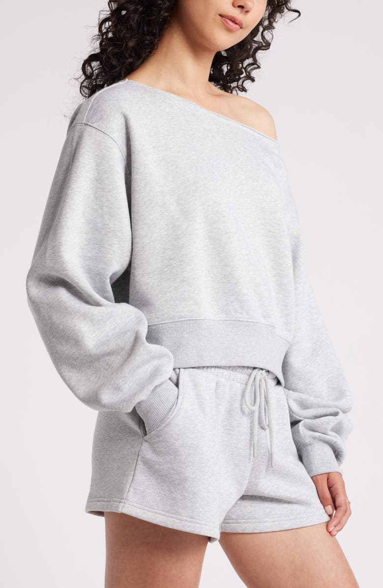 BP. Fleece Detail Off the Shoulder Sweatshirt, Alternate, color, Grey Soft Heather