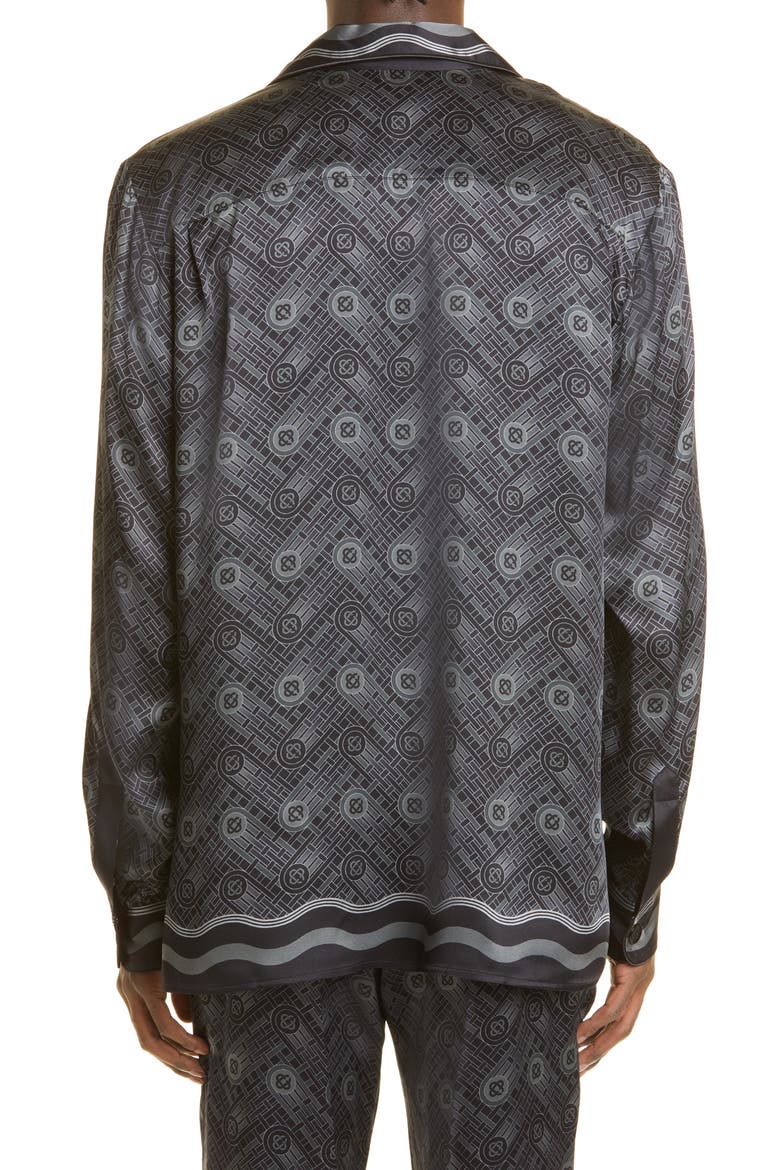 Men's Ping Pong Print Silk Button-Up Pajama Shirt, Alternate, color, BLACK PING PONG MONOGRAM