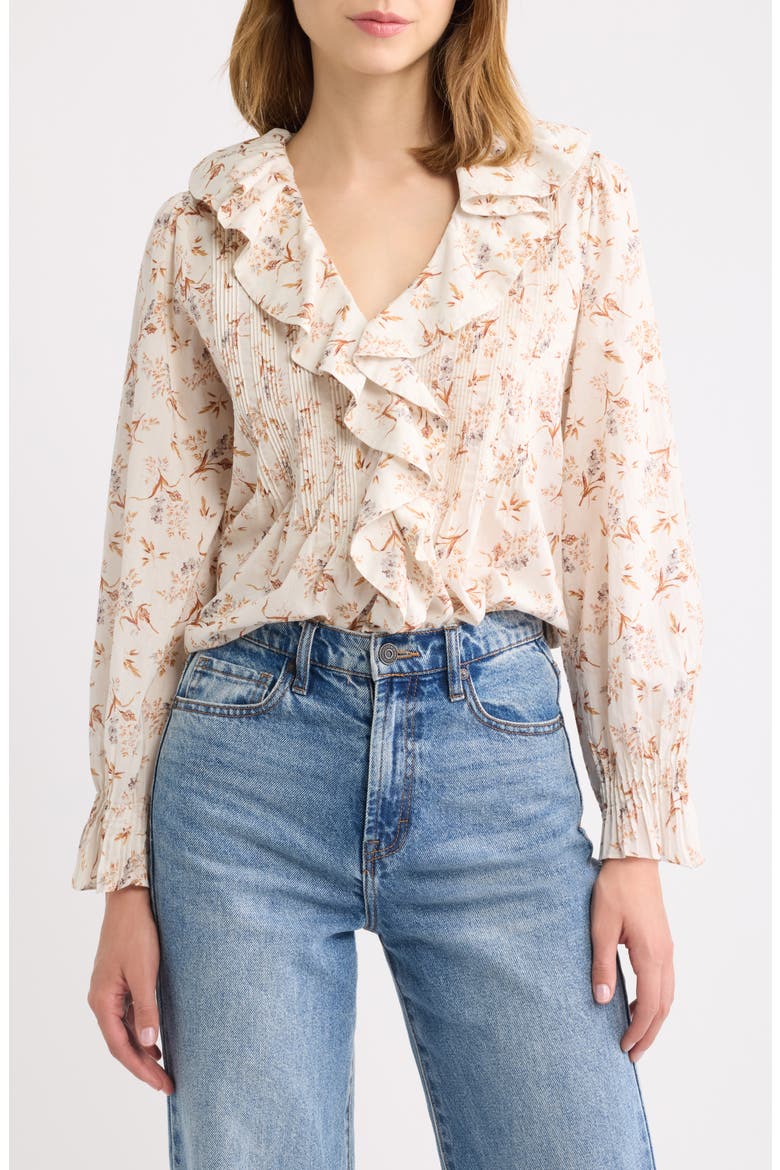 Hardy Ruffled V-Neck Organic Cotton Top, Main, color, CREME WINDSWEPT MEADOW